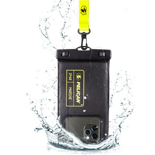 Pelican Marine - IP68 Waterproof Phone Pouch (Regular Size) Floating Waterproof Phone Case - Beach Cruise Ship Travel Essentials - Works with All Phones - Detachable Lanyard - Black/Hi-Vis Yellow