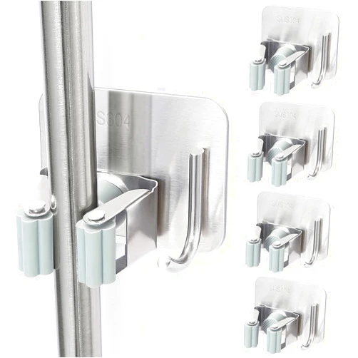 YUWANTING Stainless Steel Broom Holder, Rust Resistant, Self Adhesive, 4 Gripper Positions, 4 Hooks, Silver