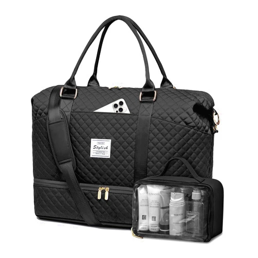 FIUAIE Women Weekender Travel Duffle Bags: Duffel Overnight Bag with Shoe Compartment Large Carry on Tote Bag Toiletry Bag Weekend Yoga Gym Bags with Wet Pocket Hospital Bags for Labor and Delivery Black