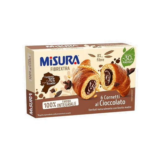 CAIYA Misura Fibrextra Cornetti di Pasta Sfoglia Integrale con Ripieno al Cioccolato Fondente 308g