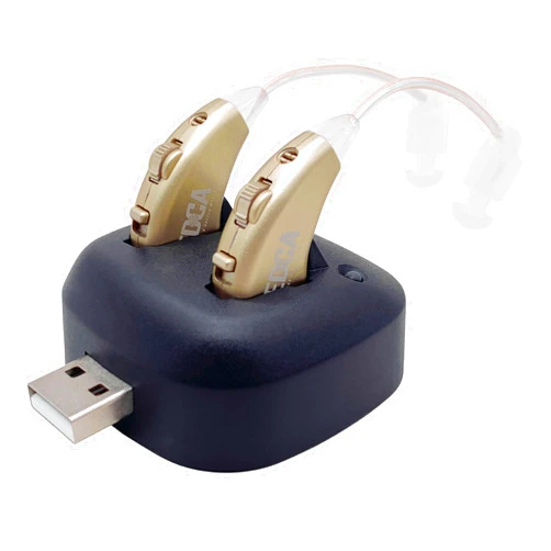 MEDca Digital Hearing Amplifiers - Rechargeable BTE Personal Sound Amplifier Pair with USB Dock - Premium Gold Behind The Ear Sound Amplification - by NewEar