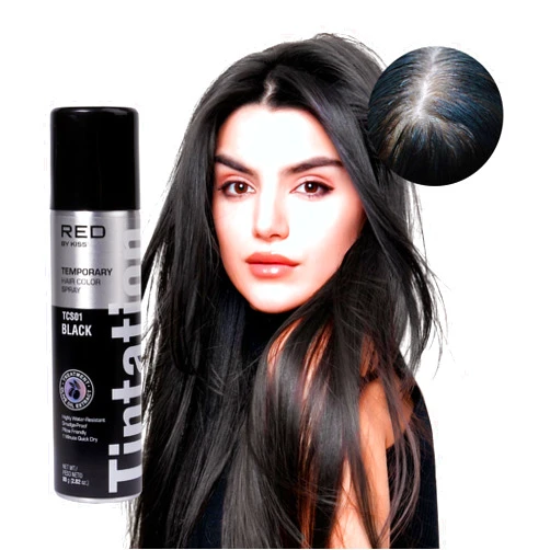 KISS RED by Kiss Tintation Temporary Hair Color Spray, Instant Gray Root Cover Up, Water-Resistant, Smudge-Proof, Easy Wash Out, Hairline & Barber Touch-Up, Quick Dry (Black)