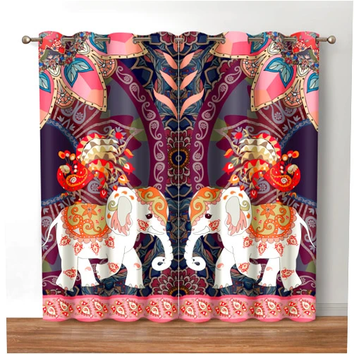 Jekeno Boho Elephant Blackout Curtains Bohemian Animal Peacock Mandala Flower Pattern Print Decor Bedroom Living Room Darkening Grommet Window Drapes 2 Panels Set, 52