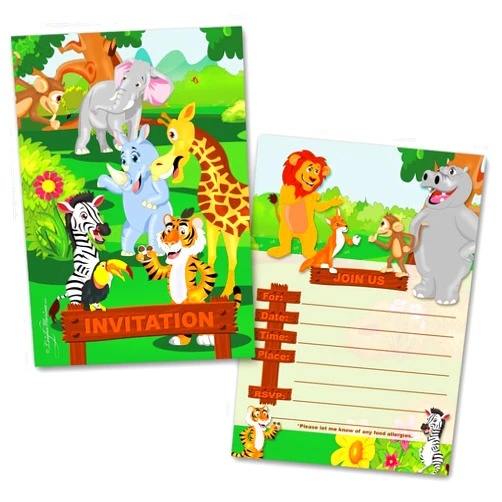 Leigha Marina Jungle Animals Party Invitation Cards for Kids, 20 Invites & 20 Envelopes - Fill in the Blank Greeting Notes - Multi-Use, Birthday, Themed Celebration