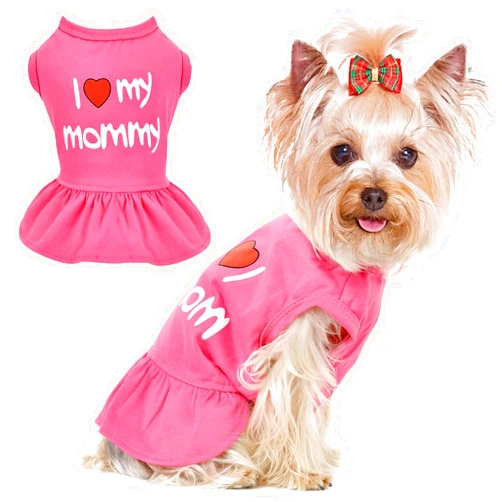 Dosuyi Dog Dress, Dog Clothes for Small Dogs Girl Cute I Love My Mom/Dad Pink Dog Dresses Breathable Pet Spring Summer Clothes Puppy Cat Outfits for Valentines Day