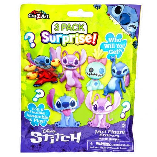 Cra-Z-Art Stitch Surprise 3 Pack Mini Figure Erasers - Get 3 Real, Flexible Erasers to Assemble, Use and Collect, Great for Back to School, Blind Bag Inspired Kids Toy