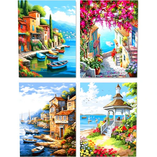 JYLMOOD Paint by Number for Adult Kits, 4 Packs DIY Landscape Beach Lake Acrylic Oil Painting Kits for Adults Kids Beginners for Home Wall Decor Gifts, 12x16 Inch (No Frame)