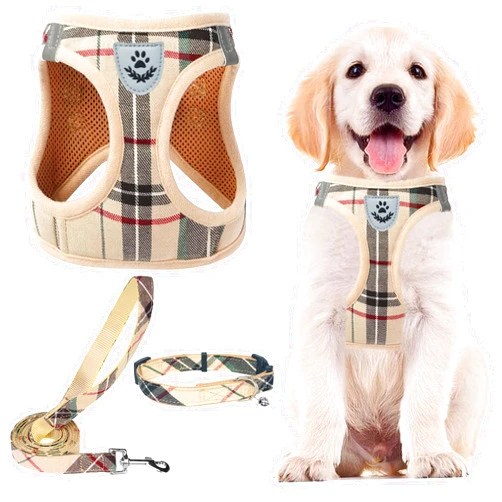 PUPTECK Adjustable Dog Harness Collar and Leash Set Step in No Pull Pet Harness for Small Medium Dogs Puppy and Cats Outdoor Walking Running, Soft Mesh Padded Reflective Vest Harnesses, Beige S