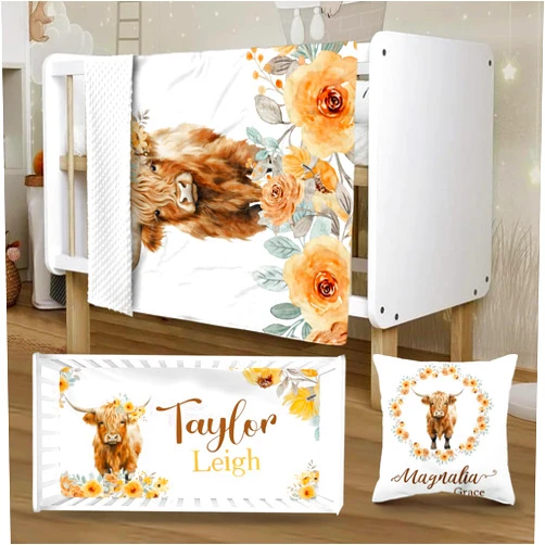 YISMEET Personalized Crib Bedding Set, Toddler Set with Name, 3 Pcs Highland Cattle Baby Crib Set for Infant Baby, Comfort and Cozy, Presents for Newborns