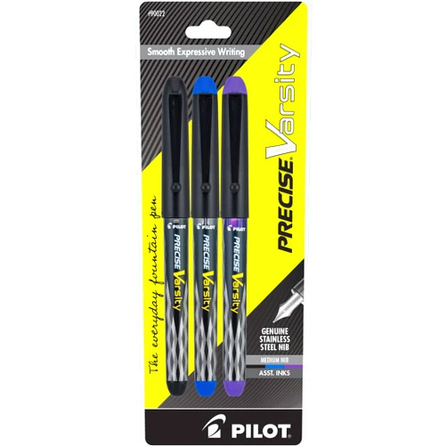 PILOT Precise Varsity Pre-Filled Fountain Pens, Medium Point Stainless Steel Nib, Black/Blue/Purple Inks, 3-Pack (90022)