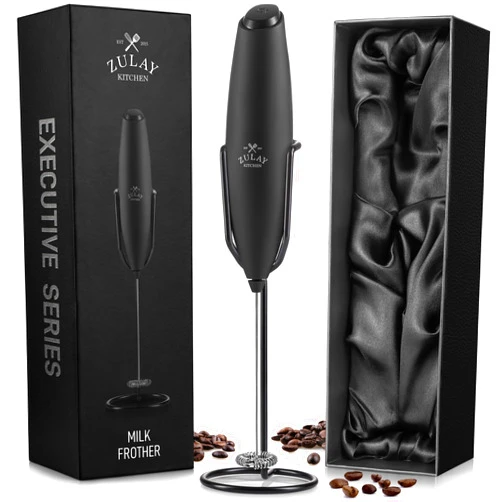 Zulay Kitchen Executive Series Milk Frother Wand - Upgraded & Improved Stand - Ideal Coffee Gift - Coffee Frother Handheld Foam Maker For Lattes - Electric Milk Frother Handheld For Cappuccino