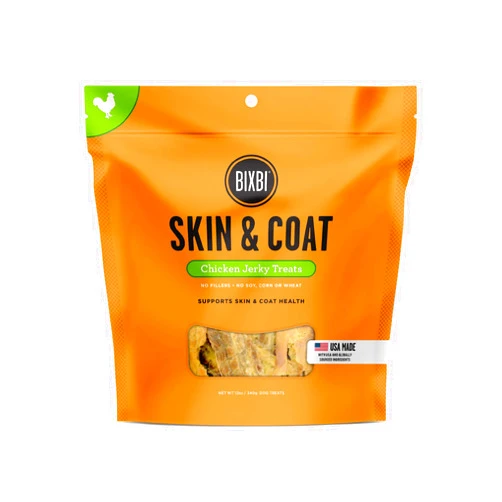 BIXBI Skin & Coat Support Chicken Jerky Dog Treats, 12 oz - USA Made Grain Free Dog Treats - Antioxidant Rich to Support Shiny, Full Bodied Coats - High in Protein, Whole Food Nutrition, No Fillers