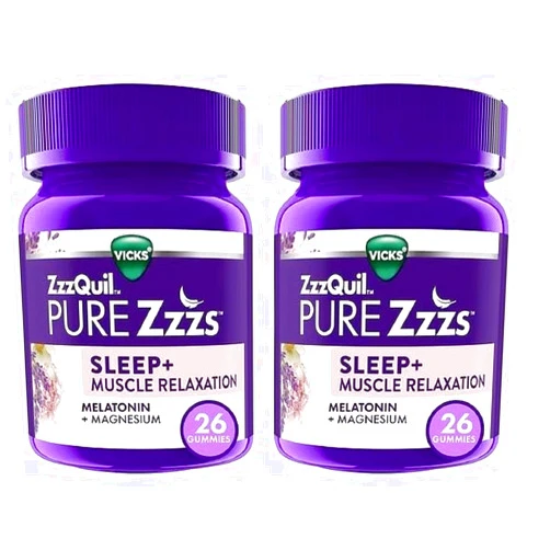 ZzzQuil Pure Zzzs Sleep+ Muscle Relaxation Melatonin Sleep Supplements Gummies 26 Count (Pack of 2) 52 Count (Pack of 1)