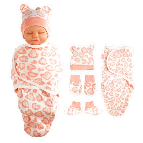 BABESIDE 4 Pcs Reborn Baby Doll Blanket with Doll Accessories Set for 17-24 Inch Babydolls, Cute Heart Patterns Baby Doll Swaddle Blanket with Doll Hat Doll Gloves for Newborn Baby Dolls Girl, Pink