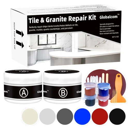 Globalcom Tile and Granite/Marble Repair Kit, Porcelain Stone and Quartz Countertops Repair Kit for Chips Dents Cracks Holes Scratchs, Fix Chipped Edges Corners, Reattaches Missing Pieces