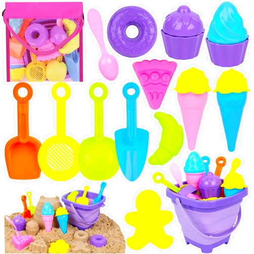 AMOR PRESENT 18PCS Ice Cream Beach Toys Set, Collapsible Sand Bucket with Mesh Bag Sand Molds Travel Sand Toys for Kids and Toddlers