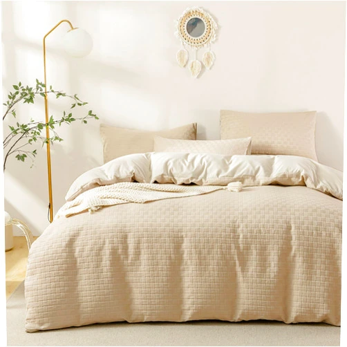 JELLYMONI Creamgrey Duvet Cover Queen Size - 3 Pieces Soft and Breathable Microfiber Knitted Jacquard Waffle Weave Striped Comforter Cover with 8 Corner Ties & Zipper Closure