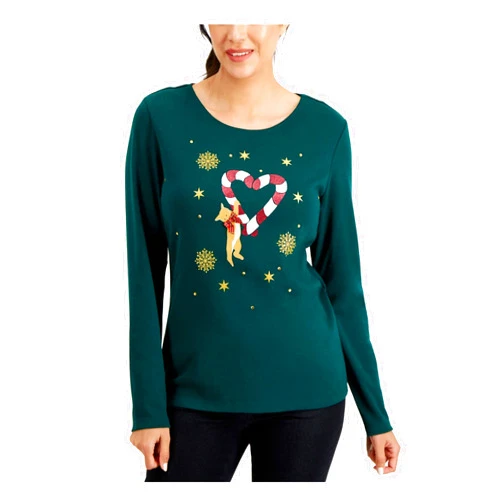 Karen Scott Womens Stretch Glitter Long Sleeve Scoop Neck Holiday Top