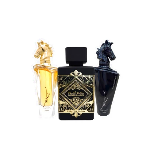 Lattafa for Unisex 3 Piece Eau de Parfum Gift Set (Bade'e Al Oud Oud for Glory + Maahir + Maahir Black Edition for Men) 3.4 Ounce/100 ml each