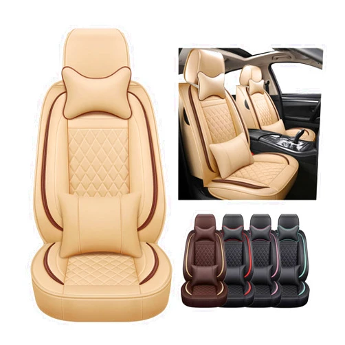 Telimocy 5pcs Waterproof Car Seat Covers Fit for Nissan Altima Xterra Maxima Rogue Sentra Versa,Pu Leather Car Seat Protectors with Headrest&Waist Pillows,Beige with Brown Line