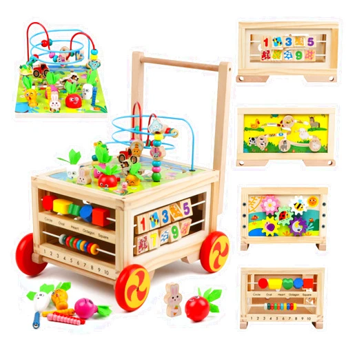 FOPNETS Wooden Activity Cube 7-in-1 Montessori Toy Multipurpose Educational Learning Toy for 1+ Year Old Baby Toddler Kid Boy First Birthday Gift Bead Maze Gear Number Animal Board Carrots Harvest Game
