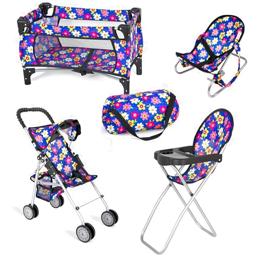 fash n kolor 4 Piece Baby Doll Play Set Flower Design Includes - Foldable Pack N Play, Baby Doll Stroller, Baby Doll High Chair, Infant Seat, Fits Up to 18'' Doll 4 Piece Doll Accessories Set