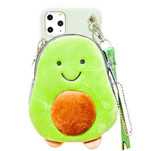 SGVAHY Phone Case for iPhone 11 Pro Case Cute Wallet iPhone Case with Long Lanyard Fluffy Avocado Cartoon Phone Case Kawaii iPhone Case Soft Silicone Shockproof Cover Protective Case for Womens Girls