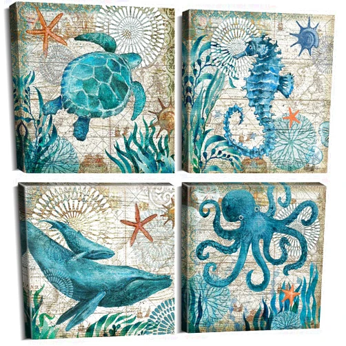 YOOOAHU Bathroom Wall Art Beach Decor Ocean Sea Turtle Octopus Canvas Pictures Coastal Room Decor Teal Bathroom Accessories Vintage Whale Seahorse Poster Modern Nautical Painting Bedroom Home Decorations