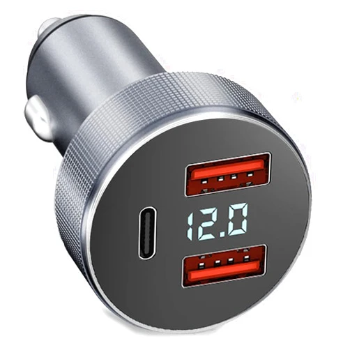 GemCoo 72W USB C Car Charger, 3 Ports 12V USB Charger Dual QC3.0 and 36W PD Metal Mini Fast Car Charger Adapter with LED Voltmeter for 12V~24V Vehicles (Silver)