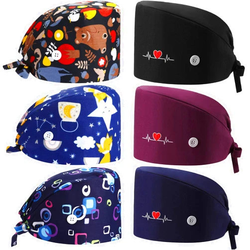 Geyoga 6 Pieces Adjustable Working Caps with Button Gourd Tie Back Bouffant Hats Sweatband Caps Breathable Hair Cover for Women Men