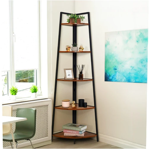 CAPHAUS Tall Corner Shelf Stand, 5-Tier Display Shelves, Ladder Corner Wood Storage Plant Bookshelf with Metal Frame, Versatile Shelving Unit Bookcase for Home Office Space, Rustic Oak