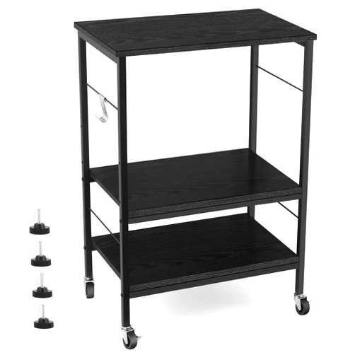 BTY Microwave Stand 3 Tier Kitchen Cart with Storage on Wheels Small Bakers Rack Black Coffee Bar Cart with 10 Hooks Modern Nightstand End Table for Living Room Bedroom Kitchen Organization