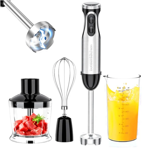 Bonsenkitchen Immersion Blender, 20 Variable Speeds & Turbo, 4-In-1 Stainless Steel Handheld Blender Stick Mixer with Egg Whisk, Beaker & Chopper Bowl