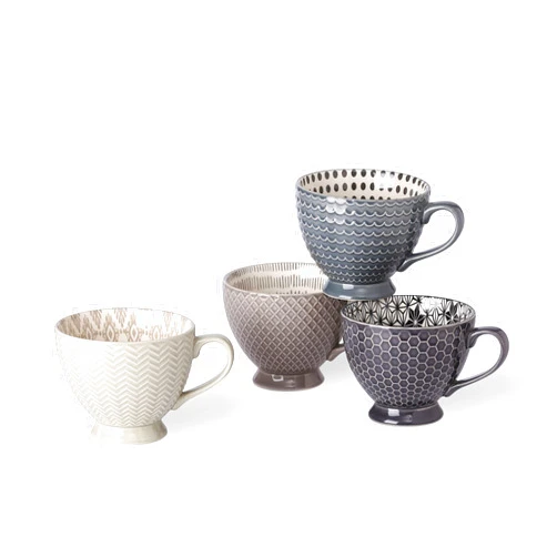 Signature Housewares Pad Print Set of 4 Ceramic Assorted Footed 14oz Mugs, PP Gray