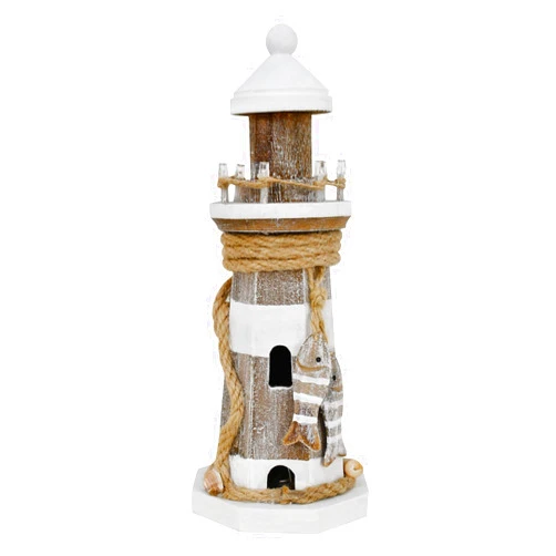 Morning View Wood Lighthouse Decor Table Nautical Lighted Light House Beach Coastal Ocean Seaside Marine Themed Home Decorations Lake House Bathroom Shelf Table Centerpiece 9 Inch Tall (White)
