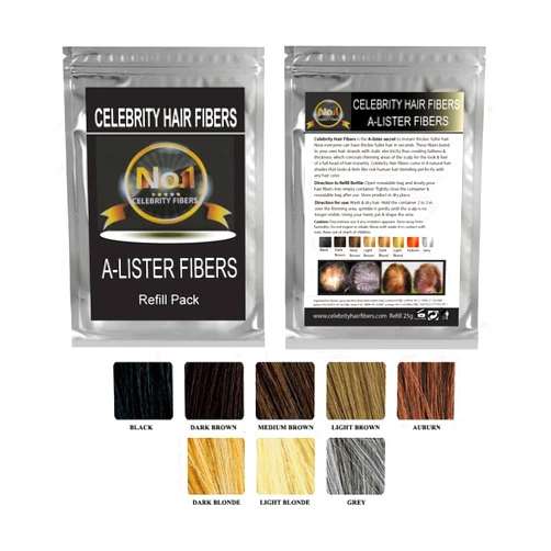 A-Lister Celebrity Hair Fibers Refill Pak Hair Building Fibers- A-Lister REFILL Pak for Toppik, Nanogen, Xfusion, any Brand (25g, Grey)