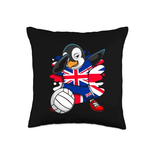 TeeIsle United Kingdom Volleyball Dabbing Penguin United Kingdom Volleyball Fan Jersey UK Flag Throw Pillow, 16x16, Multicolor