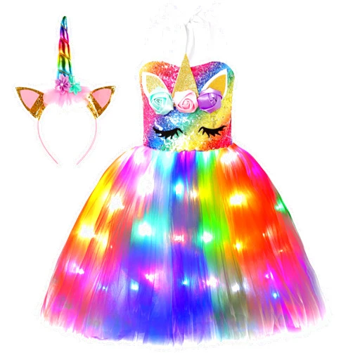 Soyoekbt Girls Unicorn Costume LED Light Up Princess Tutu Dress with Unicorn Headband for Halloween Birthday Party