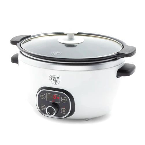GreenLife 6 Quart Ceramic Slow Cooker, PFAS-Free, Programmable, Removable Healthy Nonstick Pot for large families, Sear on Stovetop, Keep Warm, Digital Timer, Dishwasher Safe Glass Lid & Crock, White