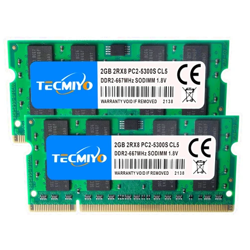 TECMIYO 4GB Kit (2x2GB) DDR2 Sodimm 667Mhz PC2-5300 PC2-5300S Non ECC Unbuffered 1.8V CL5 2RX8 Dual Rank 200 Pin Laptop Notebook Computer Memory Ram Module