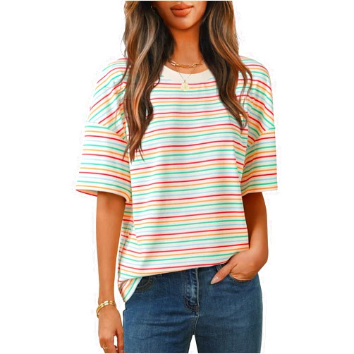 MEROKEETY Women's Summer Short Sleeve Shirt Casual Colourful Striped Crewneck Loose Tops Blouse