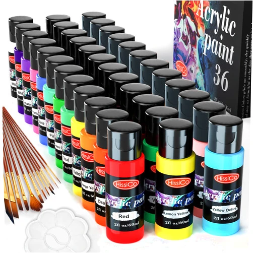 HissiCo Acrylic Paint Set of 36 Colors 2fl oz 60ml Bottles,Non Toxic 36 Colors Acrylic Paint No Fading Rich Pigment for Kids Adults Artists Canvas Crafts Wood Painting