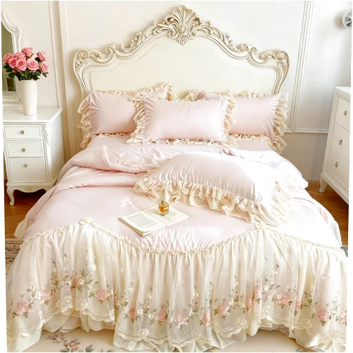 T-stage French Chic Bedding Set 4-Piece - Romantic Lace Trim Washed Cotton, Duvet Cover with Bed Skirt & Pillowcases for Queen Bed, Princess Style(Comforter Not Included) (Pink,Full)