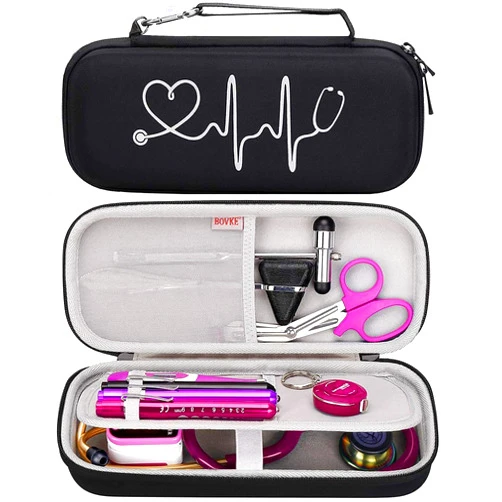 BOVKE Hard Stethoscope Case for 3M Littmann Classic III, Lightweight II S.E, Cardiology IV Diagnostic, MDF Acoustica Deluxe Stethoscopes - Extra Room for Taylor Percussion Hammer and Penlights, Black