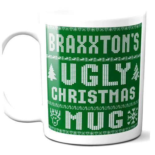 Westwood Tees Braxxton Name Christmas Gift. Personalized Ugly Christmas Sweater Coffee Mug. Funny Custom Xmas Gift, Stocking Stuffer For Friends, Coworkers And Person Who Has Everything. 11 Ounces.