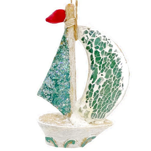 THE JOY TREE Sailboat Ornament - Nautical Glass Mosaic Christmas Tree Holiday Decoration