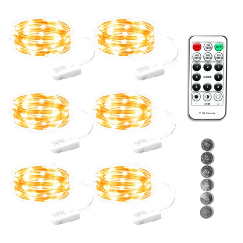 SINAMER 6PCS Fairy Lights Battery Powered with Remote, 7ft 20LEDs Warm White Twinkle Mini Lights with Timer, Waterproof Small Silver Wire Firefly Starry for DIY Wedding Party Christmas
