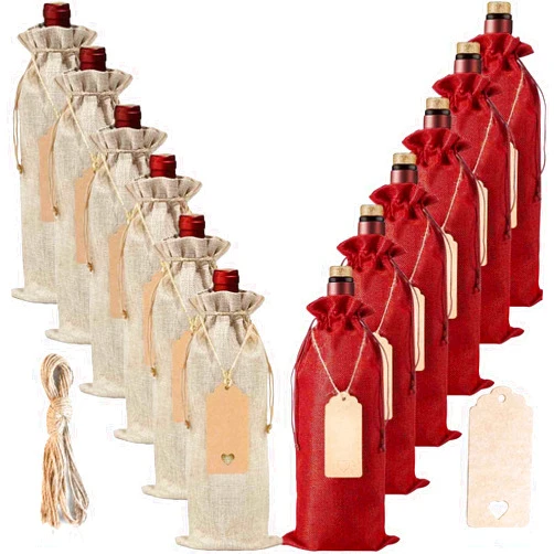 Boboom 12 Pcs Burlap Wine Bags and 12 Pcs Gift Tags, Reusable Wine Gift Bags with Drawstrings, Jute Wine Bags, Wine Bottle Covers, Wine Bottle Bags for Party, Wedding, Birthday, Blind Tastings, Travel,