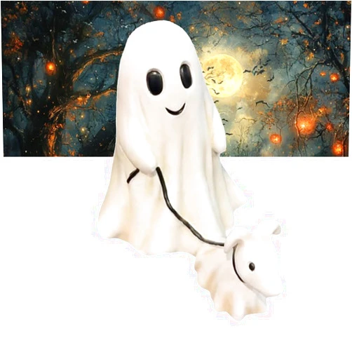 Forauzon Ghost Walking Dog Halloween Figurine, Cute Ghost Dog Statue, Spooky Ghost and Dog Tabletop Decor, Halloween Home Decoration (A)