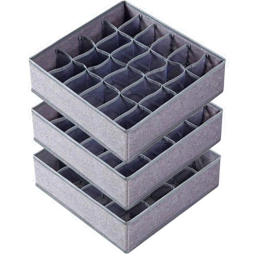 Criusia 3 Pack Sock Underwear Organizer Dividers, 64 Cell Drawer Fabric Foldable Cabinet Closet Storage Boxes for Storing Socks, Underwear, Ties (16+24+24 Cell, Gray)